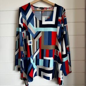Clientele Geometric Print Tunic Top Made in Canada Blue Red